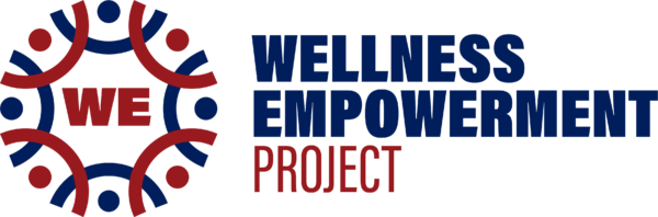 Logo for the Wellness Empowerment Project, featuring a stylized circle of people with "WE" in the center, and the project name in bold text.