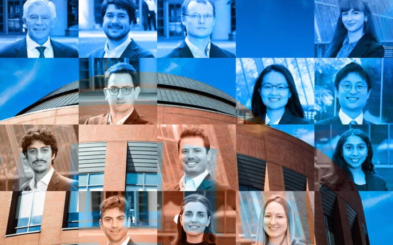 Headshots of a diverse group of people arranged in a grid, overlaid with blue tones and images of modern buildings.